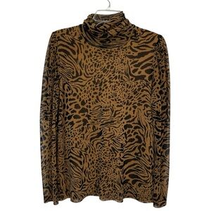 Jane & Delancey Animal Print Sheer Long Sleeve Turtle Neck Net Mesh Top Size M